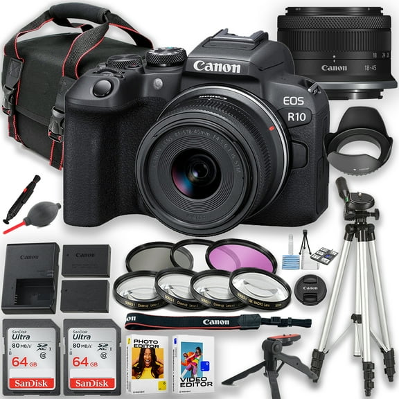 Canon EOS R10 Mirrorless Camera with 18-45mm IS STM Lens and 2pc 64GB Memory Cards + Camera Case + Extra Battery + Software Editor + Filters + Tripod & More