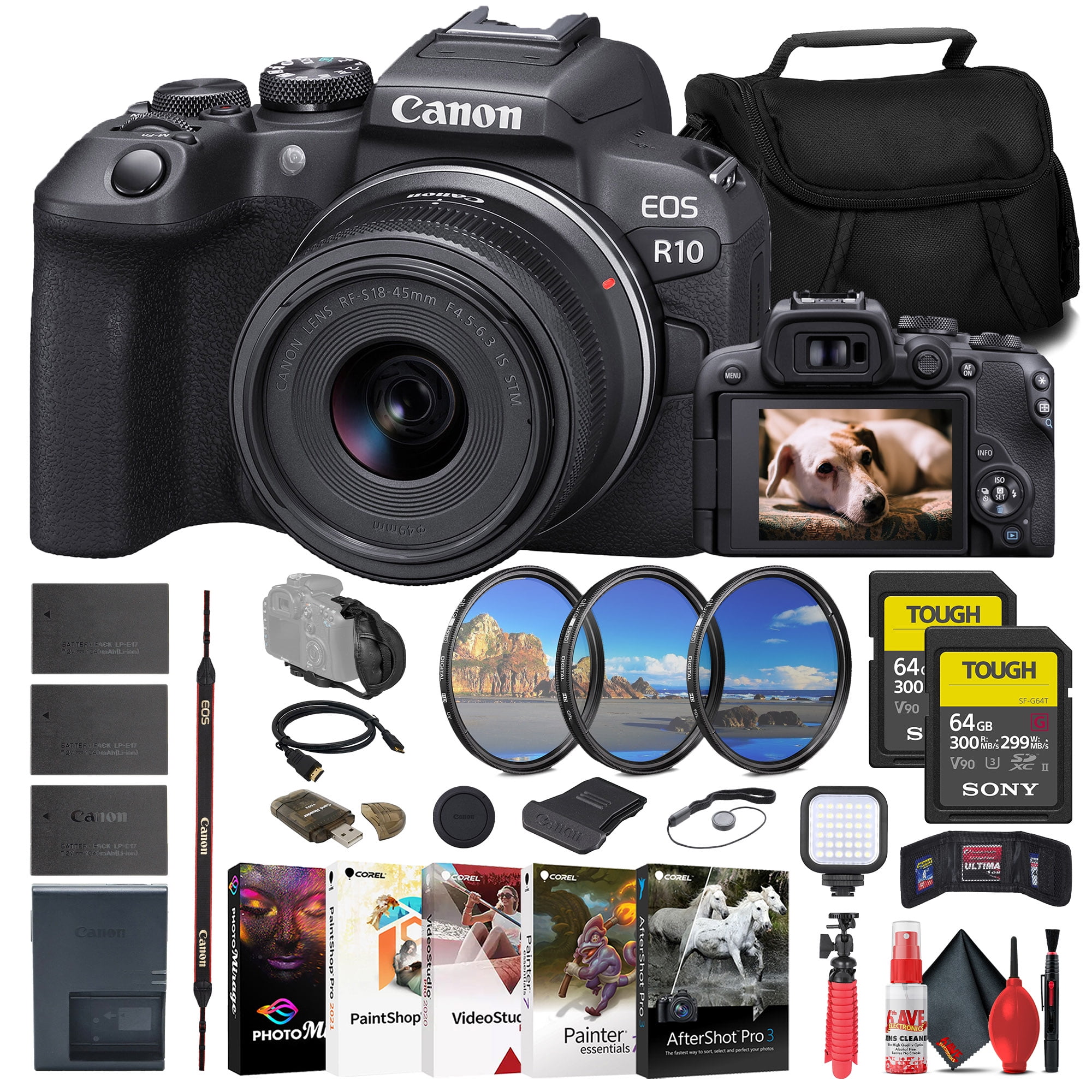  Canon EOS R100 Mirrorless Camera with 18-45mm and 55-210mm  Lenses Kit (6052C022) + Bag + 64GB Card + LPE17 Battery + Charger + Card  Reader + Flex Tripod + Cleaning Kit + Memory Wallet (Renewed) : Electronics