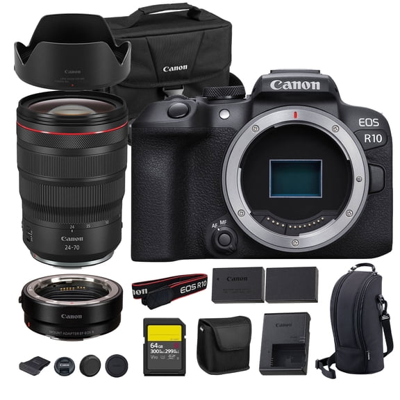 Canon EOS R10 Mirrorless Camera 24.2MP APS-C Sensor 4K Video Dual Pixel AF Compact Lightweight Vlogging Travel Camera (5331C002) + Canon RF 24-70mm Lens + Adapter EF-EOS R + LP-E17 Battery + More