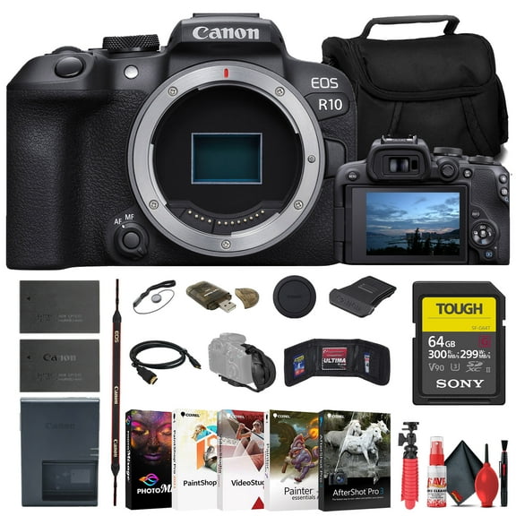 Canon EOS R10 Mirrorless Camera 5331C002 Sony 64GB TOUGH SD Card Bag Charger LPE17 Battery Card Reader Corel Photo Software HDMI Cable Flex Tripod Hand Strap International Model