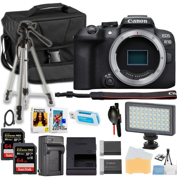 Canon EOS R10 Mirrorless Camera Body Only + 64GB Memory Card + LED Light + 50 Inch Tripod + More (18pc Bundle) (International Version)