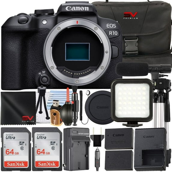 Canon EOS R10 Mirrorless Camera (Body Only) with 2 Pack SanDisk 64GB Memory Card + Case + LED Flash + SV Premium Accessory Bundle (International Version)