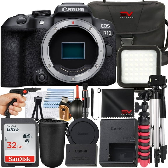 Canon EOS R10 Mirrorless Camera (Body Only) with SanDisk 32GB Memory Card + Case + Tripod + SV Premium Accessory Bundle (International Version)