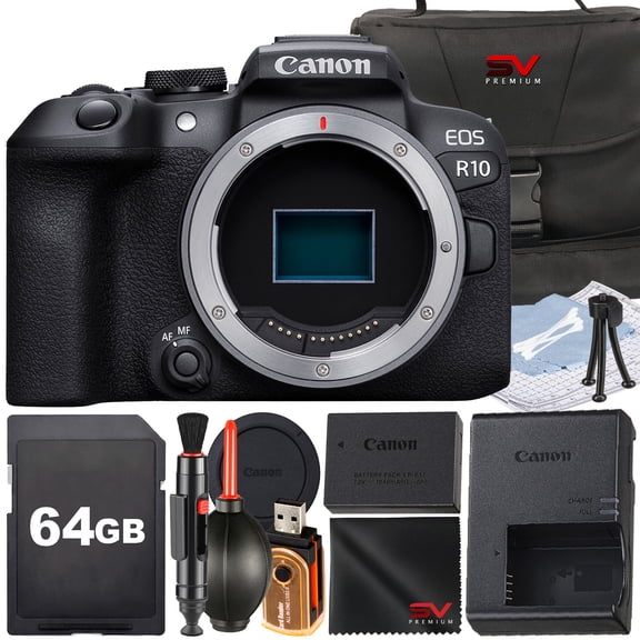 Canon EOS R10 Mirrorless Camera (Body Only) with SanDisk 64GB Memory Card + Case + SV Premium Accessory Bundle (International Version)