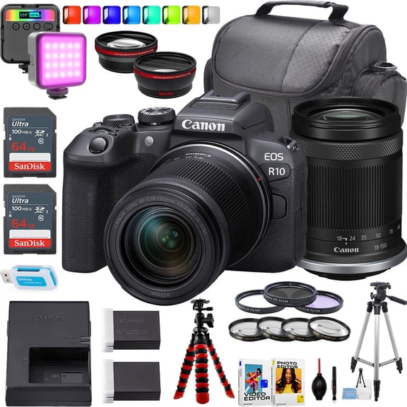 Canon EOS R10 Mirrorless Camera + Canon RF-S 18-150mm f/3.5-6.3 is STM Lens + 2pc Sandisk 64GB Memory Card + 15 inch Tripod + More (24 Piece Bundle) (International Version)