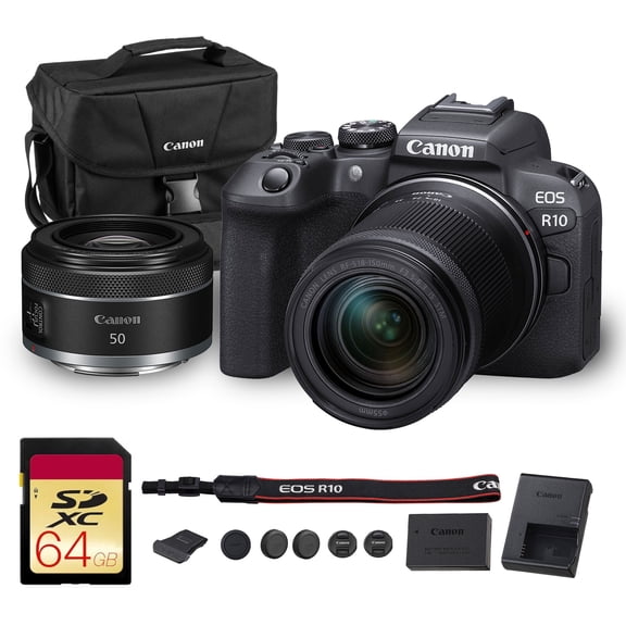 Canon EOS R10 Mirrorless Camera Kit | 24.2MP APS-C Sensor with RF-S 18-150mm Lens | 4K Video Dual Pixel AF Compact Travel Photography (5331C016) + Canon RF 50mm f/1.8 STM Lens + 64GB Card + Bag