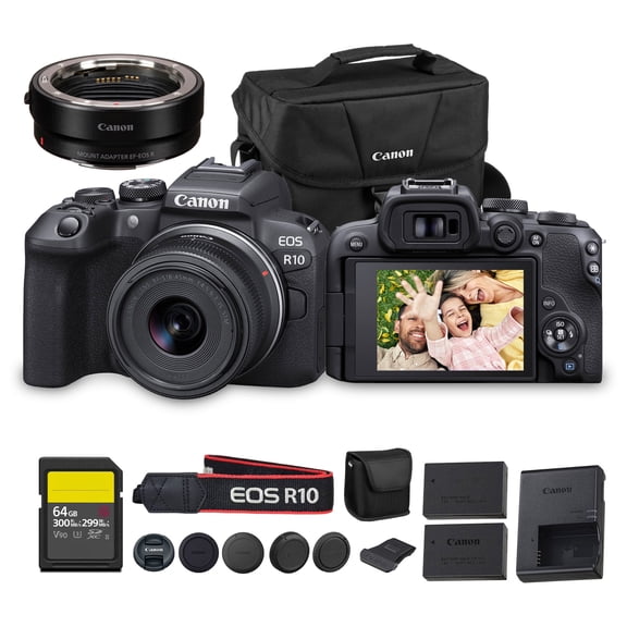 Canon EOS R10 Mirrorless Camera Kit with RF-S 18-45mm Lens | 24.2MP APS-C, 4K Video, Perfect for Beginner Photographers & Vloggers (5331C009) + Adapter EF-EOS R + 64GB Card + LP-E17 Battery + Bag