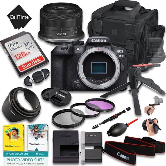 Canon EOS R10 Mirrorless Camera with RF-S 10-18mm f/4.5-6.3 IS STM Lens + 128GB Memory + Extra Battery + Camera Case + Grip Tripod + More (21pc Bundle) (International Version)
