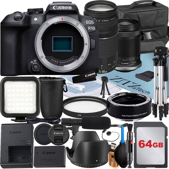 Canon EOS R10 Mirrorless Camera with RF-S 18-150mm + EF 75-300mm Lens + Mount Adapter + SanDisk 64GB Memory Card + Case + LED Flash + ZeeTech Accessory Bundle (International Version)