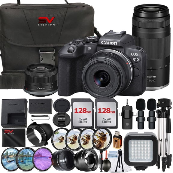 Canon EOS R10 Mirrorless Camera with RF-S 18-45mm + 75-300mm Lens + 2 Pack 128GB Memory Card + Case + Wide Angle + SV Premium Accessory Bundle (International Version)