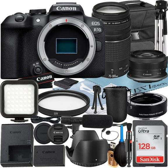 Canon EOS R10 Mirrorless Camera with RF-S 18-45mm + EF 75-300mm Lens + Mount Adapter + SanDisk 128GB Memory Card + Case + LED Flash + ZeeTech Accessory Bundle (International Version)
