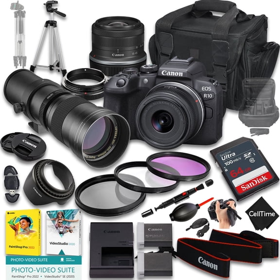 Canon EOS R10 Mirrorless Camera with RF-S 18-45mm f/4.5-6.3 IS STM And 420-800mm f/8 Manual Super HD Telephoto Lens + 64 GB Memory + Extra Battery + Camera Case + More (23pc Bundle)