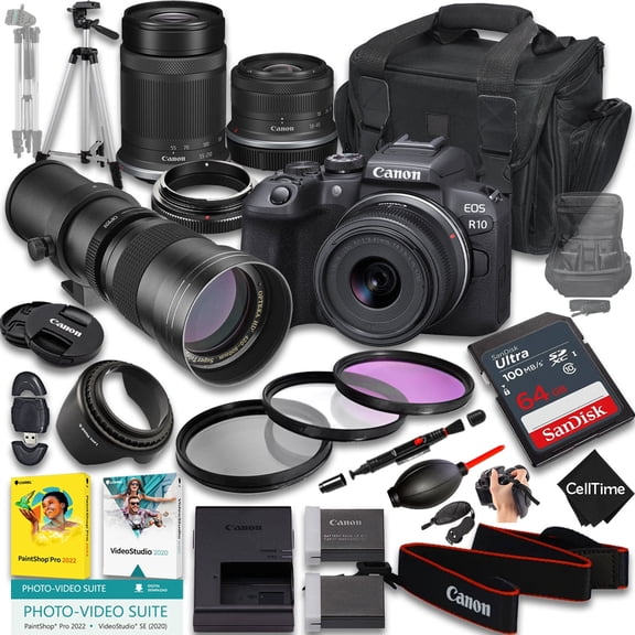 Canon EOS R10 Mirrorless Camera with RF-S 18-45mm f/4.5-6.3 IS STM And 55-210mm f/5-7.1 IS STM & 420-800mm f/8 Lens + 64 GB Memory + Extra Battery + Camera Case + More (26pc Bundle)