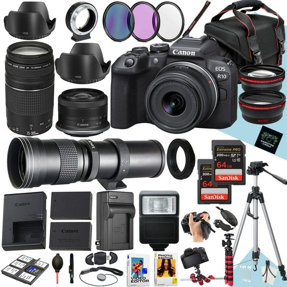 Canon EOS R10 Mirrorless Camera With RF-S 18-45mm f/4.5-6.3 IS STM, EF 75-300mm f/4-5.6 III And 420-800mm f/8.3 HD Lens + 128 GB Memory + Filters + More (37pc Bundle)