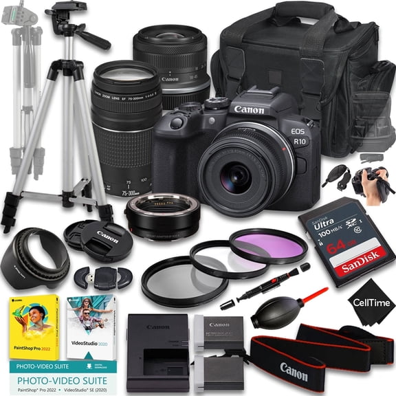 Canon EOS R10 Mirrorless Camera with RF-S 18-45mm f/4.5-6.3 IS STM And EF 75-300mm f/4-5.6 III Lens + Mount Adapter + 64GB Memory + Extra Battery + More (25pc Bundle) (International Version)