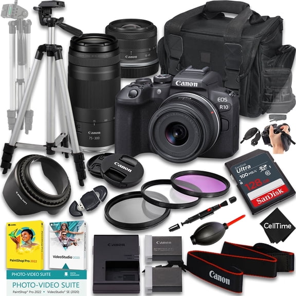 Canon EOS R10 Mirrorless Camera with RF-S 18-45mm f/4.5-6.3 IS STM And RF 75-300mm f/4-5.6 Lens + 128GB Memory + Extra Battery + Camera Case + Tripod + More (24pc Bundle) (International Version)