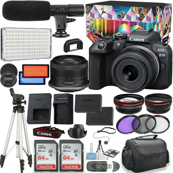 Canon EOS R10 Mirrorless Camera With Video Creator Kit + Canon RF-S 18-45mm f/4.5-6.3 IS STM Lens + 2pc 64GB Memory Cards + Tripod & More