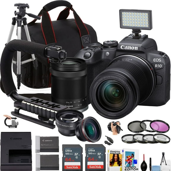 Canon EOS R10 Mirrorless Camera w/18-150mm Lens + 2pc Sandisk 64GB Ultra Memory Card + Camera Case + More (18pc Bundle) (International Version)