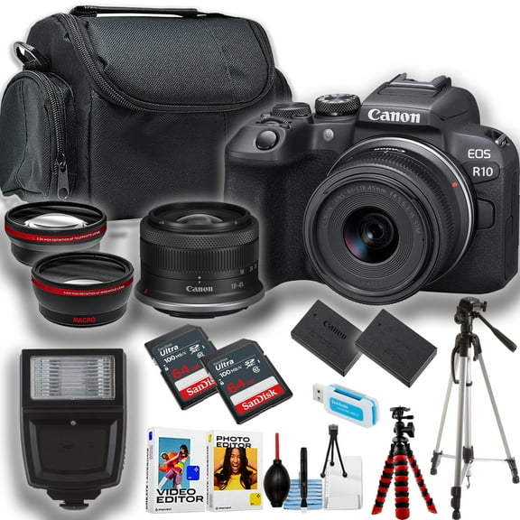 Canon EOS R10 Mirrorless Camera w/18-45mm Lens + 2X 64GB Ultra Memory Card + Camera Case + More (21pc Bundle) (International Version)