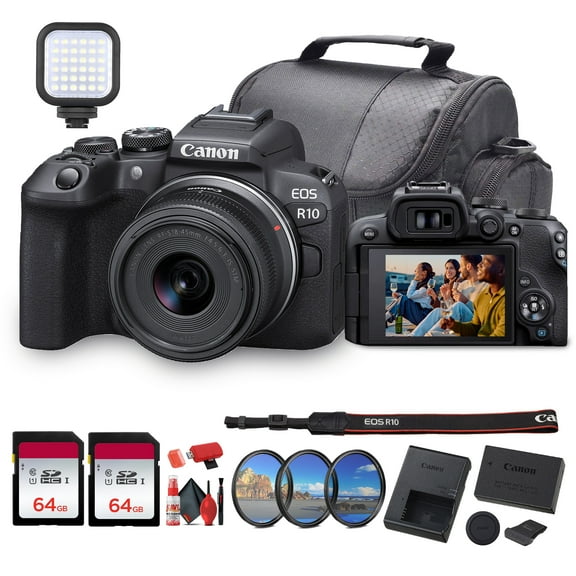 Canon EOS R10 Mirrorless Camera with 18-45mm Lens (5331C009) + 2 x 64GB Card + Bag + Card Reader + LED Light + More (International Model)