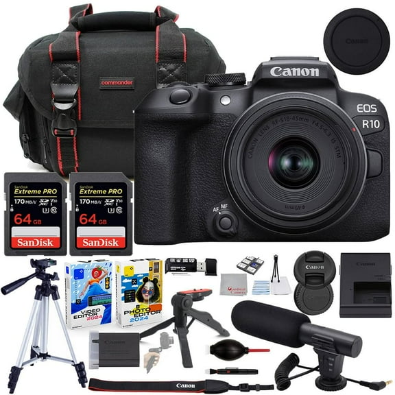 Canon EOS R10 Mirrorless Camera with 18-45mm Lens Bundle with Commander Gear Bag + Microphone + 2X 64GB Extreme Memory Cards + Accessory Kit