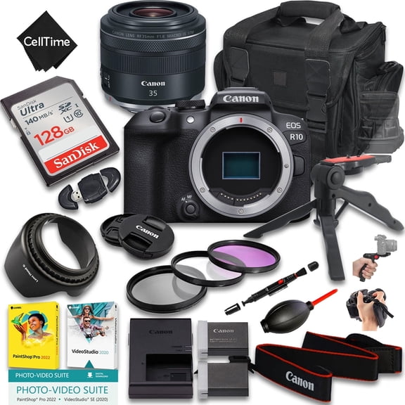 Canon EOS R10 Mirrorless Camera with RF 35mm f/1.8 Macro IS STM Lens + 128GB Memory + Extra Battery + Camera Case + Grip Tripod + More (21pc Bundle) (International Version)