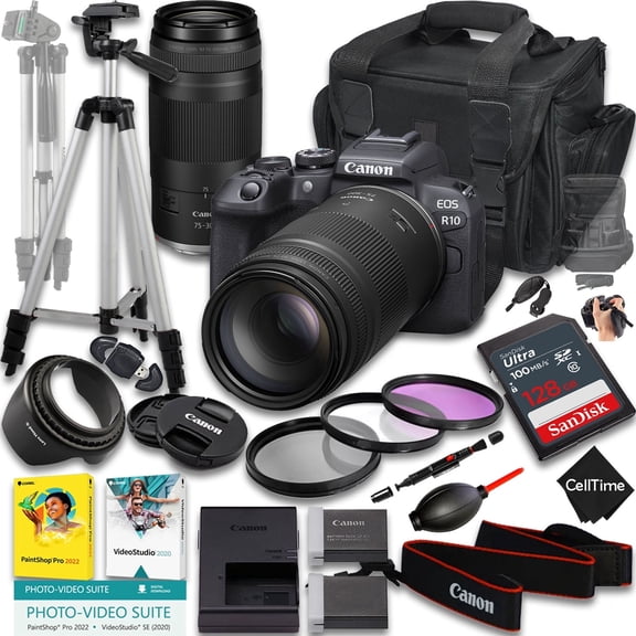 Canon EOS R10 Mirrorless Camera with RF 75-300mm f/4-5.6 Lens + 128GB Memory + Extra Battery + Camera Case + Tripod + More (21pc Bundle) (International Version)
