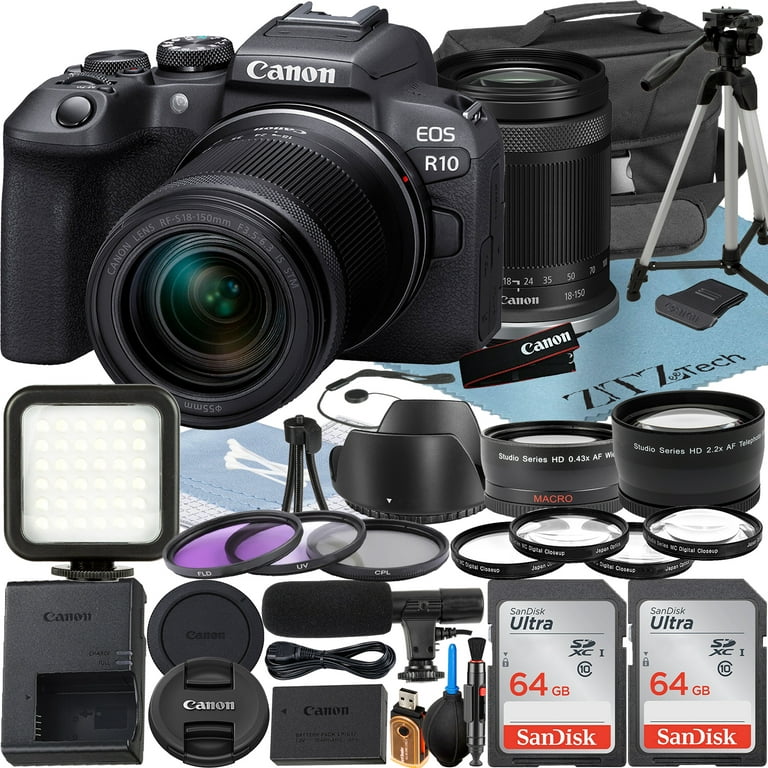 Canon EOS R10 Mirrorless Camera with RF-S 18-150mm Lens + 2 Pack SanDisk  64GB Memory Card + Case + ZeeTech Accessory 