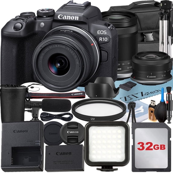 Canon EOS R10 Mirrorless Camera with RF-S 18-45mm + 18-150mm Lens + 32GB Memory Card + Case + LED Flash + ZeeTech Accessory Bundle