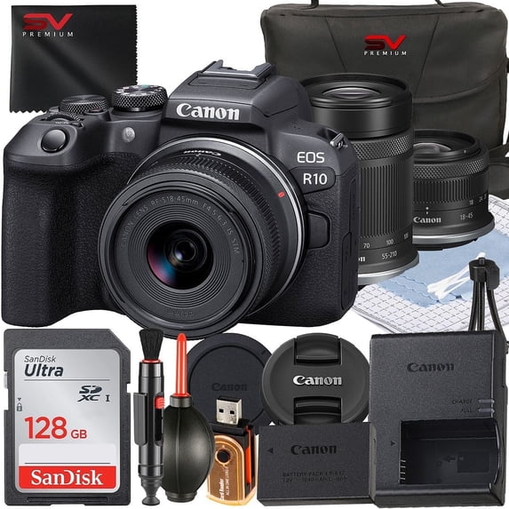 Canon EOS R10 Mirrorless Camera with RF-S 18-45mm + 55-210mm Lens + SanDisk 128GB Memory Card + Case + SV Premium Accessory Bundle