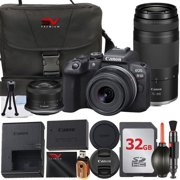Canon EOS R10 Mirrorless Camera with RF-S 18-45mm + 75-300mm Lens + 32GB Memory Card + Case + SV Premium Accessory Bundle (International Version)