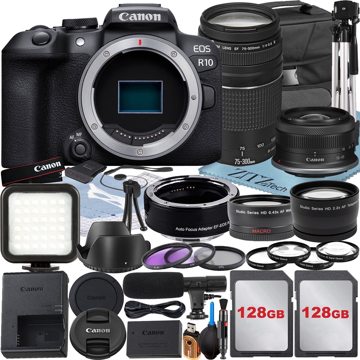 Canon EOS R10 Camera Bundle, 18-45mm, 75-300mm Lenses, Adapter