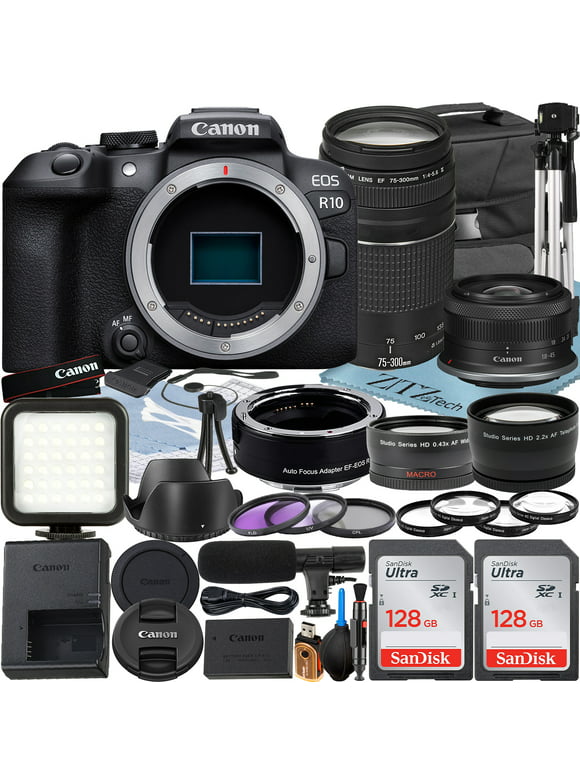 Canon EOS R10 Mirrorless Camera with RF-S 18-45mm + EF 75-300mm Lens + Mount Adapter + 2 Pack SanDisk 128GB Memory Card + Case + ZeeTech Accessory