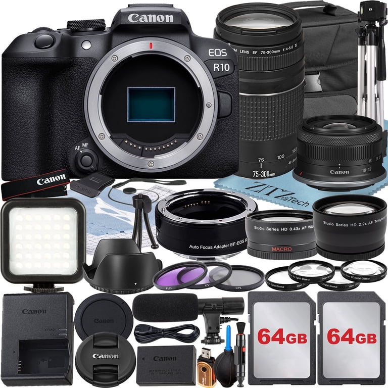 Canon EOS R10 Camera Bundle with 18-45mm, 75-300mm Lens, Adapter