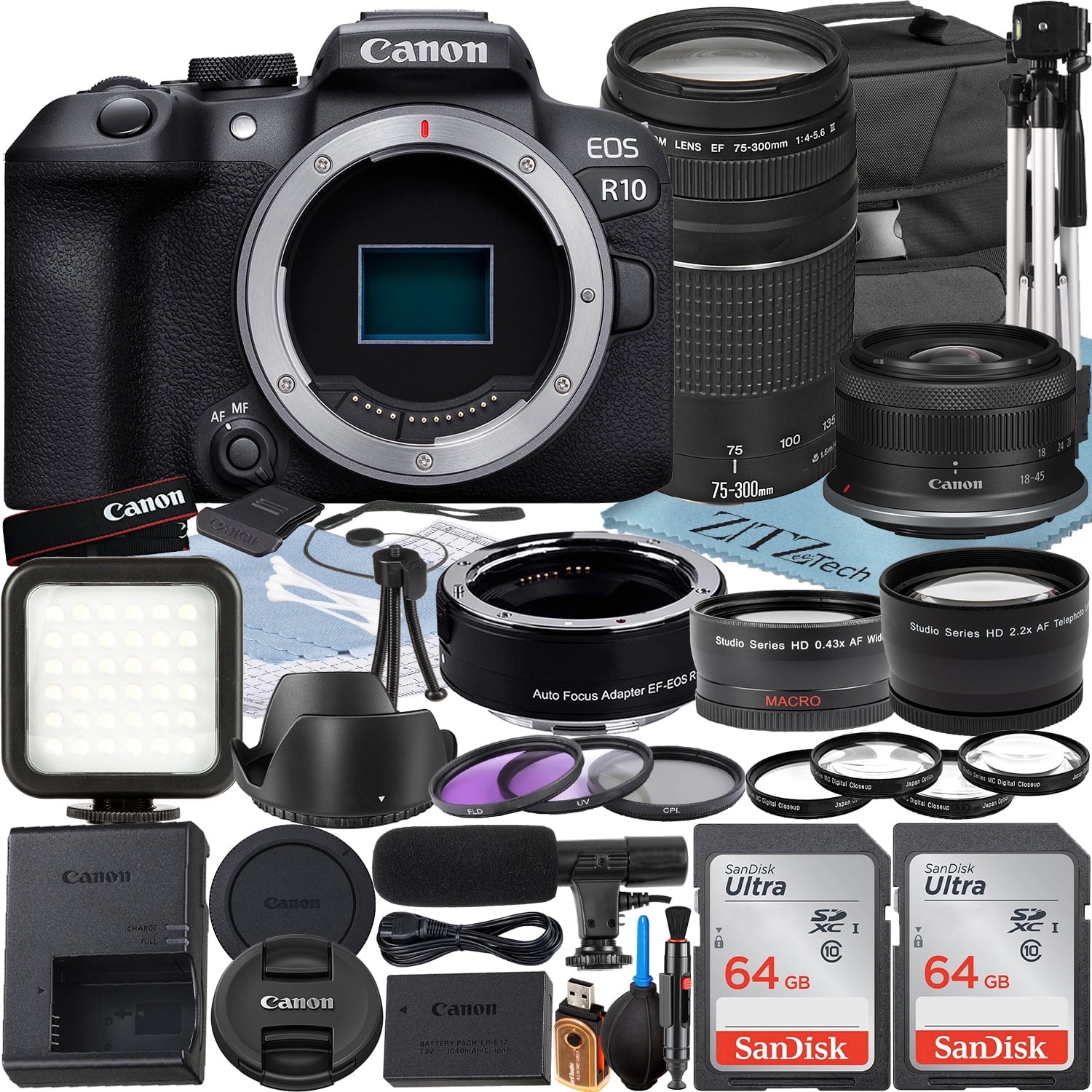 Canon EOS R10 Mirrorless Camera with RF-S 18-45mm + EF 75-300mm Lens + Mount Adapter + 2 Pack SanDisk 64GB Memory Card + Case + ZeeTech Accessory (International Version)
