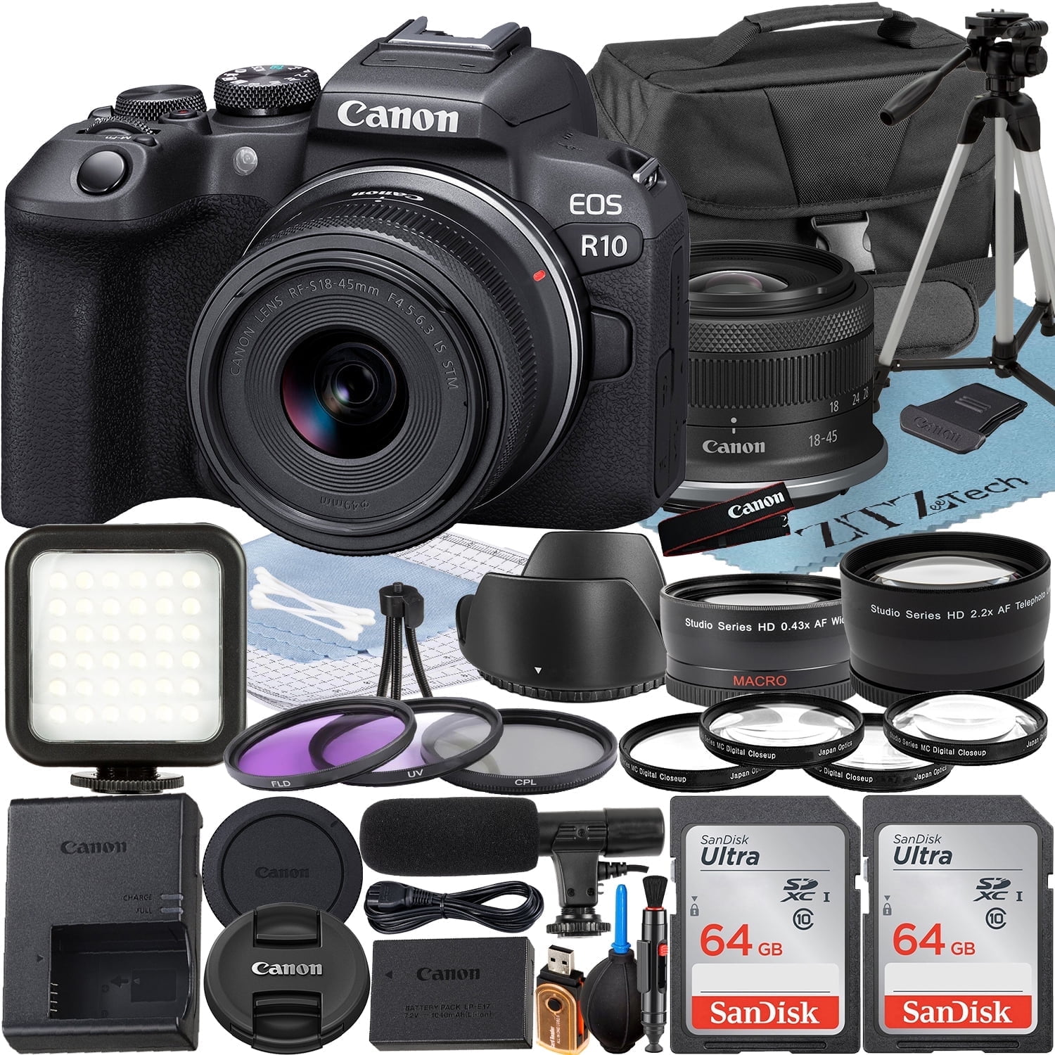 Canon EOS R10 Mirrorless Camera with RF-S 18-45mm Lens + 2 Pack SanDisk 64GB Memory Card + Case + ZeeTech Accessory