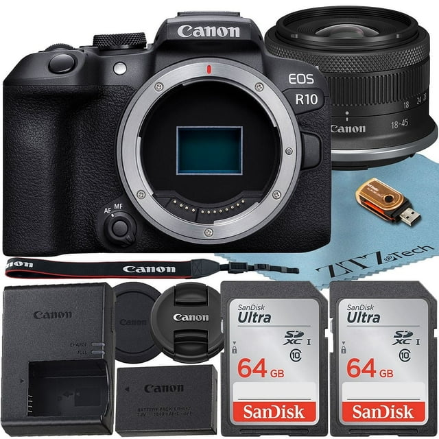 Canon EOS R10 Mirrorless Camera with RF-S 18-45mm f/4.5-6.3 IS STM Lens + 2 Pack SanDisk 64GB Memory Card + ZeeTech Accessory Bundle (International Version)