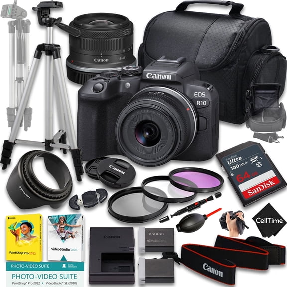 Canon EOS R10 Mirrorless Camera with RF-S 18-45mm f/4.5-6.3 IS STM Lens + 64 GB Memory + Extra Battery + Camera Case + Tripod + More (21pc Bundle)