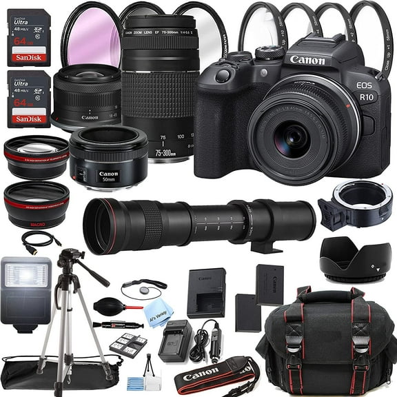 Canon EOS R10 Mirrorless Digital Camera with RF-S 18-45mm is STM Lens + 75-300mm Lens + 50mm STM Lens + 420-800mm Super Telephoto Lens + 128GB Memory + Case + Tripod + Filters 45pc Bundle