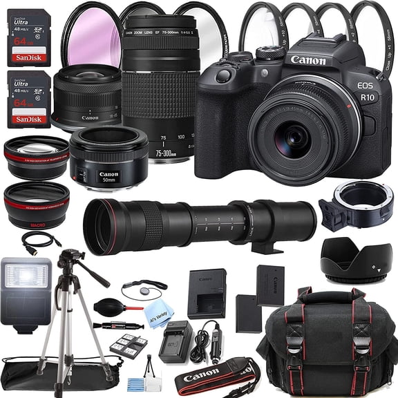 Canon EOS R10 Mirrorless Digital Camera with RF-S 18-45mm is STM Lens + 75-300mm Lens + 50mm STM Lens + 420-800mm Super Telephoto Lens + 128GB Memory + Case + Tripod + Filters (International Model)