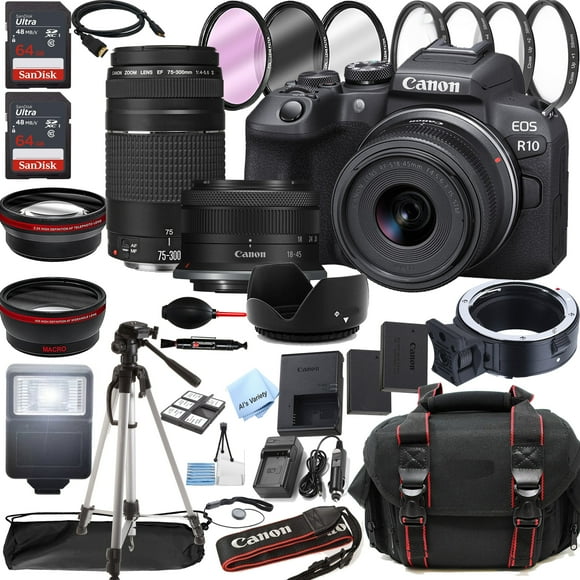 Canon EOS R10 Mirrorless Digital Camera with RF-S 18-45mm f/4.5-6.3 is STM Lens + 75-300mm F/4-5.6 III Lens + 128GB Memory + Case + Tripod + Filters 40pc Bundle