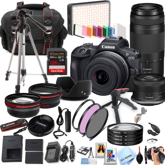 Canon EOS R100 24.2MP APS-C CMOS Sensor Mirrorless Camera with 18-45mm + 75-300mm Lenses + 128GB Extreme Memory, LED Video Light, Wide Angle Lens, Telephoto Lens, Filters- (International Model)