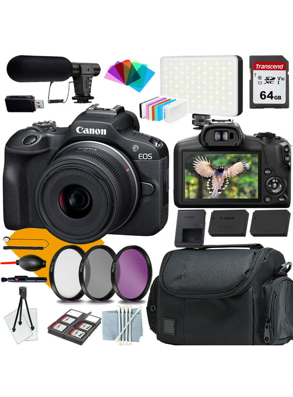 Canon EOS R100 Camera with Canon EF-M 18-45mm Lens + COMMANDER Starter Kit + Lens Filters + CASE + 64GB Memory Card+Extra Battery (18PC Bundle)