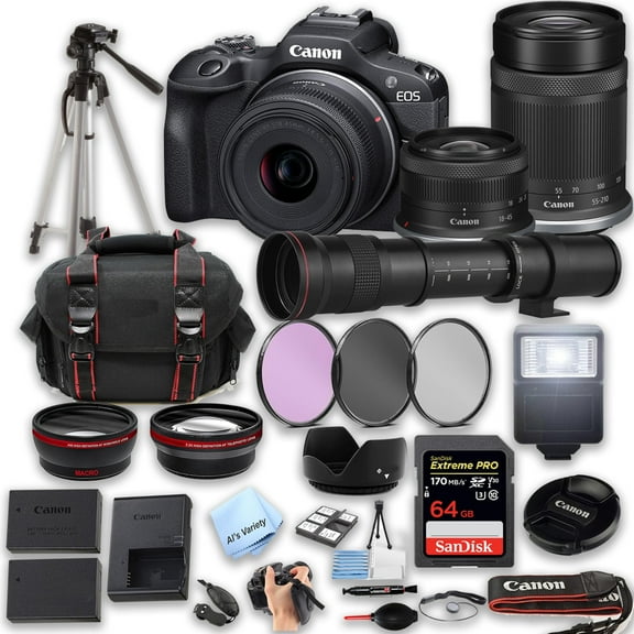 Canon EOS R100 Digital Camera, 18-45mm, 55-210mm, 420-800mm Super Telephoto Lenses + 64GB Extreme SD Card and More (International Version)