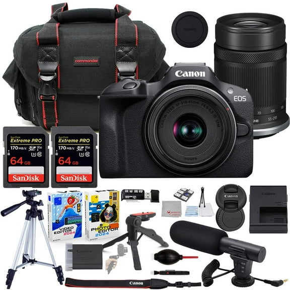 Canon EOS R100 Mirrorless Camera with 18-45mm & 55-210mm Lens Bundle with Commander Gear Bag + Microphone + 2X 64GB Extreme Memory Cards + Accessory Kit