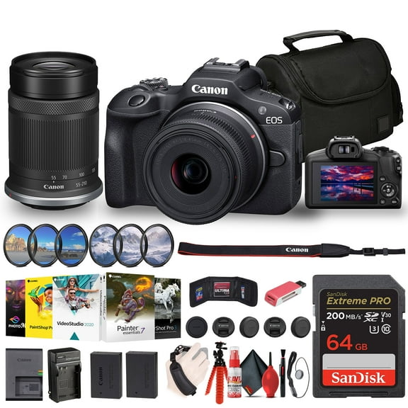 Canon EOS R100 Mirrorless Camera with 18-45mm and 55-210mm Lenses Kit 6052C022 Filter Kit Corel Photo Software Bag 64GB Card LPE17 Battery Charger Card Reader Flex Tripod International Model