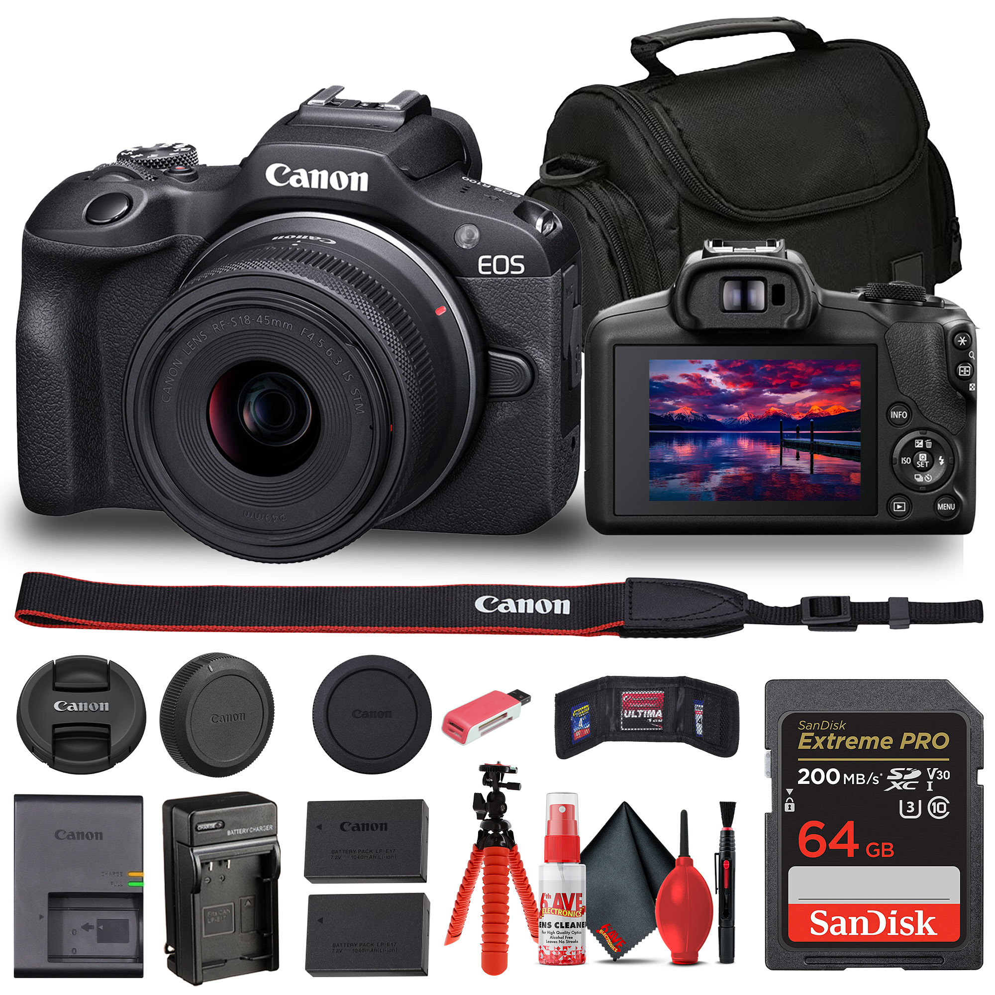 Canon EOS R100 Mirrorless Camera with 18-45mm Lens (6052C012) + Bag + 64GB Card + LPE17 Battery + Charger + Card Reader + Flex Tripod + Cleaning Kit + Memory Wallet - image 1 of 8