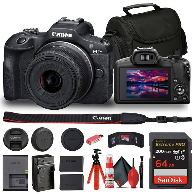 Canon EOS R100 Mirrorless Camera with 18-45mm Lens (6052C012) + Bag + 64GB Card + LPE17 Battery + Charger + Card Reader + Flex Tripod + Cleaning Kit + Memory Wallet