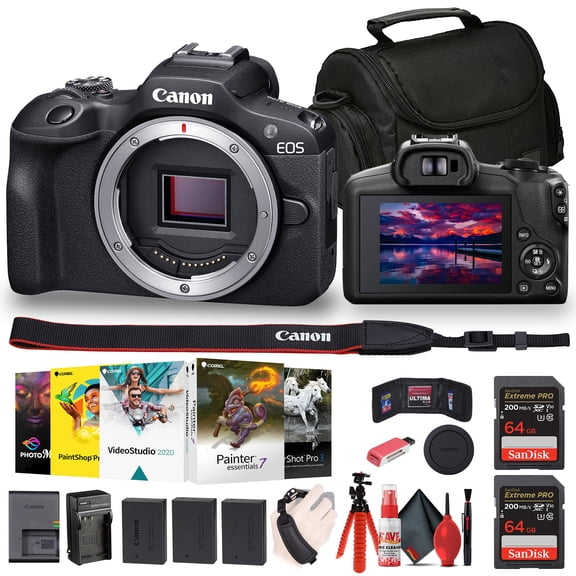 Canon EOS R100 Mirrorless Camera (6052C002) + Corel Photo Software + Bag + 2 x 64GB Card + 2 x LPE17 Battery + More (International Version)