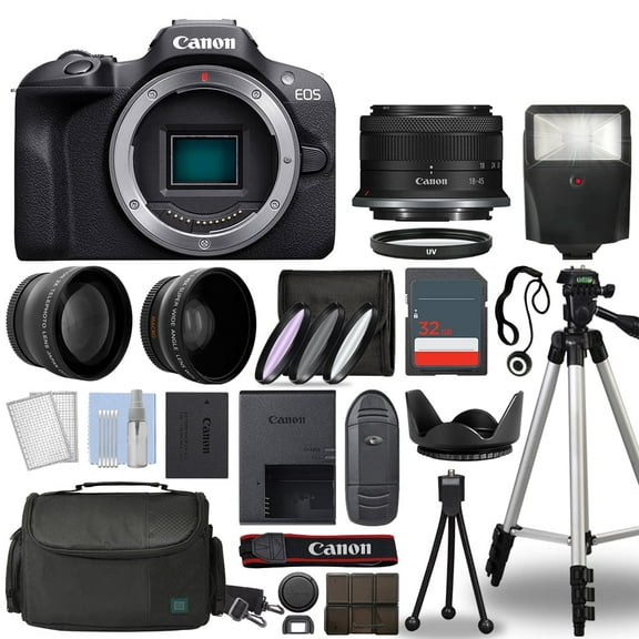 Canon EOS R100 Mirrorless Camera Black + 3 Lens Kit 18-45mm + 32GB+ Flash & More - International Version